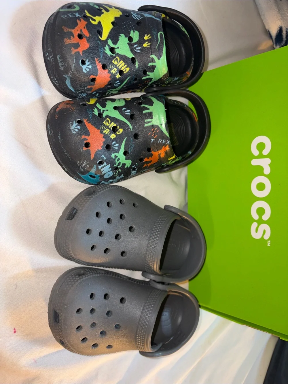 CROCS Kids' Two-Pair Set — Gray and Black with Multicolor Dino Accents
